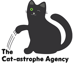 illustrated cat with paw out scratching the cat-astrophe agency